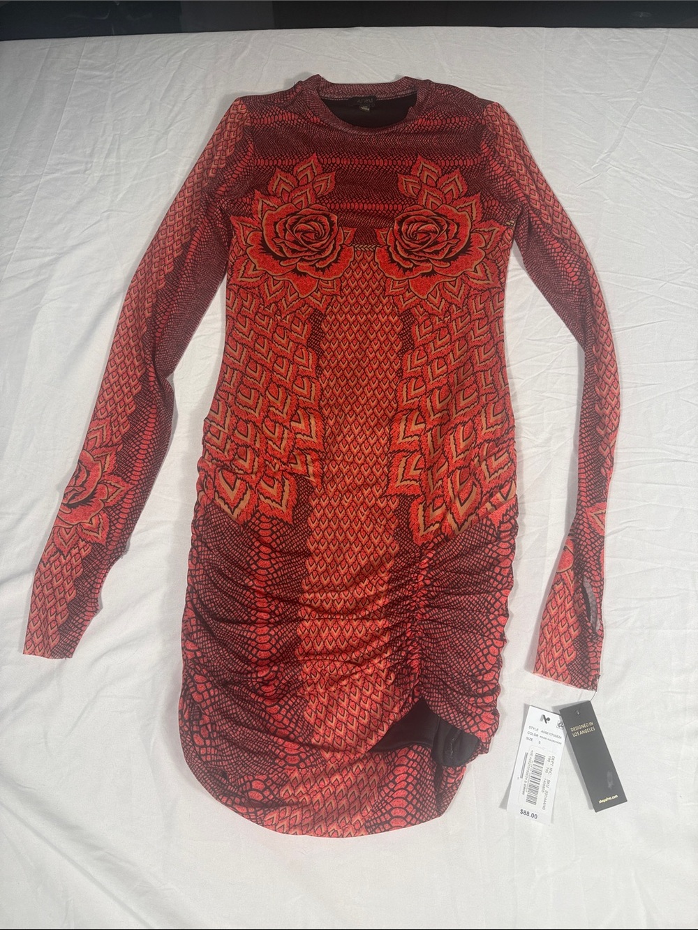 AFRM Mirza Rouge Gilded Rose Ruched Mesh Mini Dress S NWT